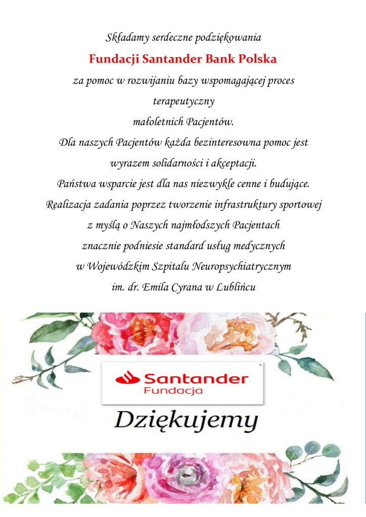 Podziękowania dla Fundacji Santander Bank Polska